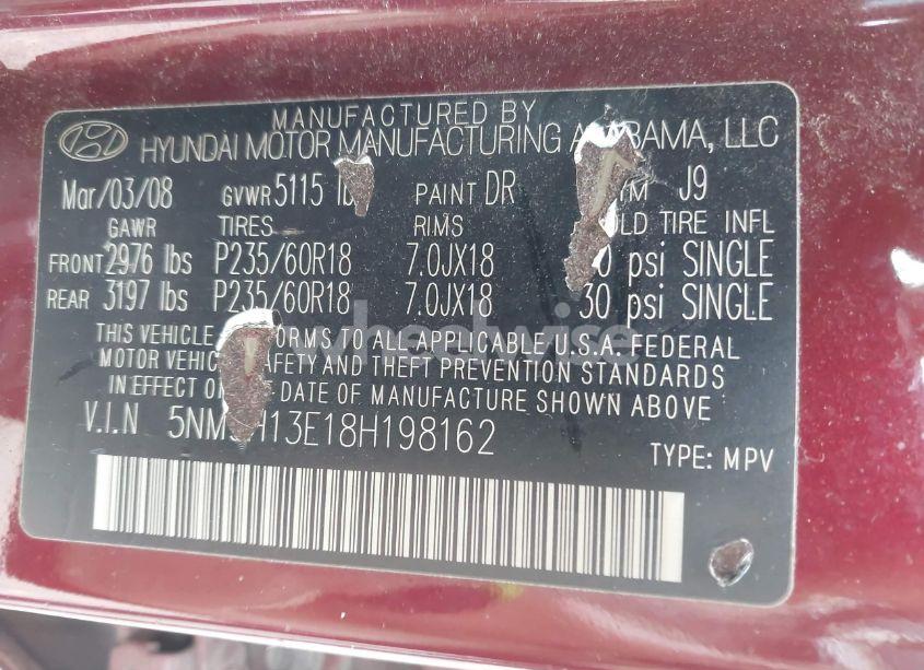 Photo 9 of 2008 Hyundai Santa FE LIMITED/SE (VIN 5NMSH13E18H198162)