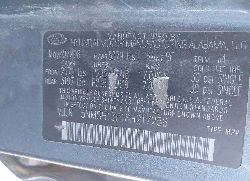 Photo 9 of 2008 Hyundai Santa FE LIMITED/SE (VIN 5NMSH13E18H217258)