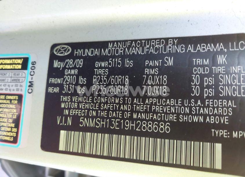 Photo 9 of 2009 Hyundai Santa FE LIMITED (VIN 5NMSH13E19H288686)