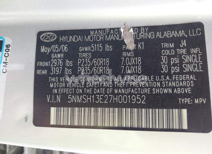 Photo 9 of 2007 Hyundai Santa FE LIMITED/SE (VIN 5NMSH13E27H001952)