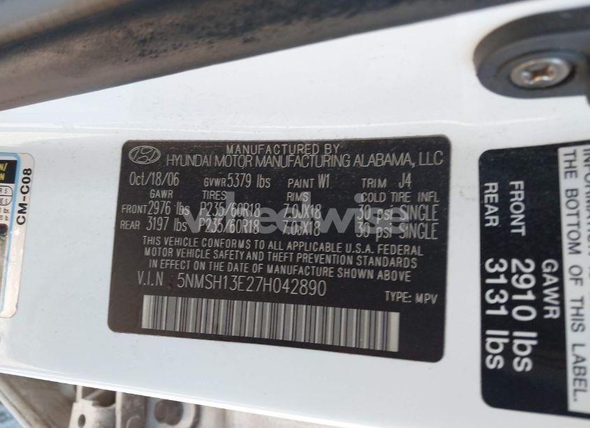 Photo 9 of 2007 Hyundai Santa FE LIMITED/SE (VIN 5NMSH13E27H042890)