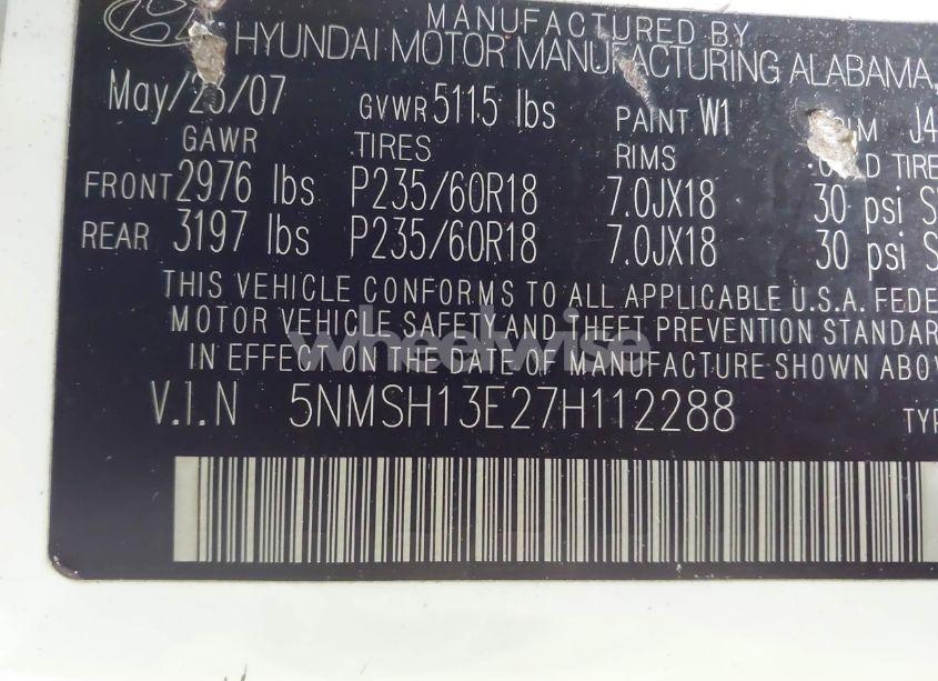 Photo 9 of 2007 Hyundai Santa FE LIMITED/SE (VIN 5NMSH13E27H112288)