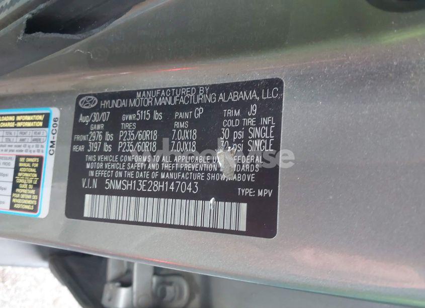 Photo 9 of 2008 Hyundai Santa FE LIMITED/SE (VIN 5NMSH13E28H147043)