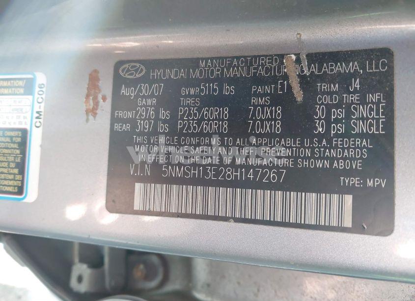 Photo 9 of 2008 Hyundai Santa FE LIMITED/SE (VIN 5NMSH13E28H147267)