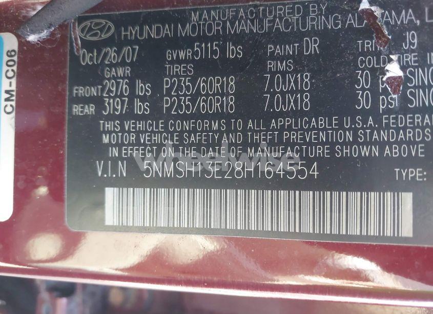 Photo 9 of 2008 Hyundai Santa FE LIMITED/SE (VIN 5NMSH13E28H164554)