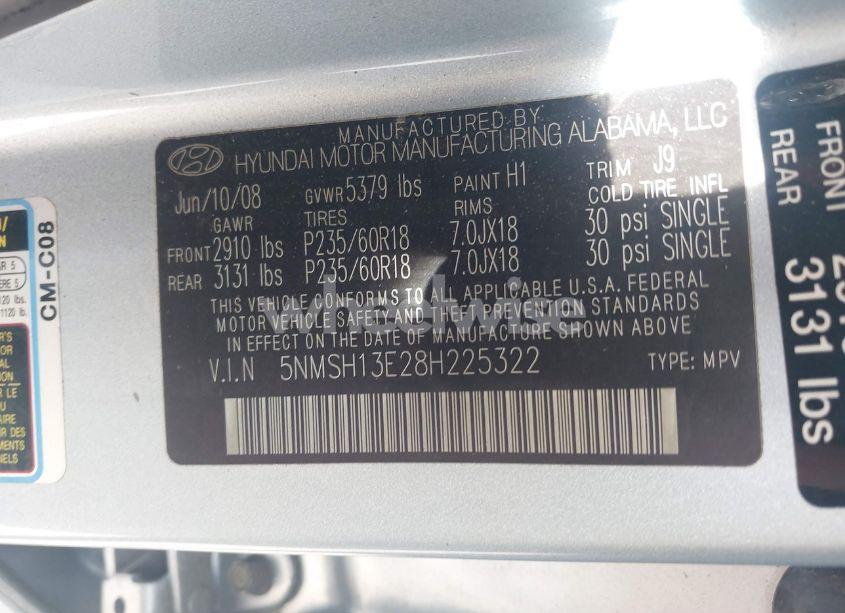 Photo 9 of 2008 Hyundai Santa FE LIMITED/SE (VIN 5NMSH13E28H225322)