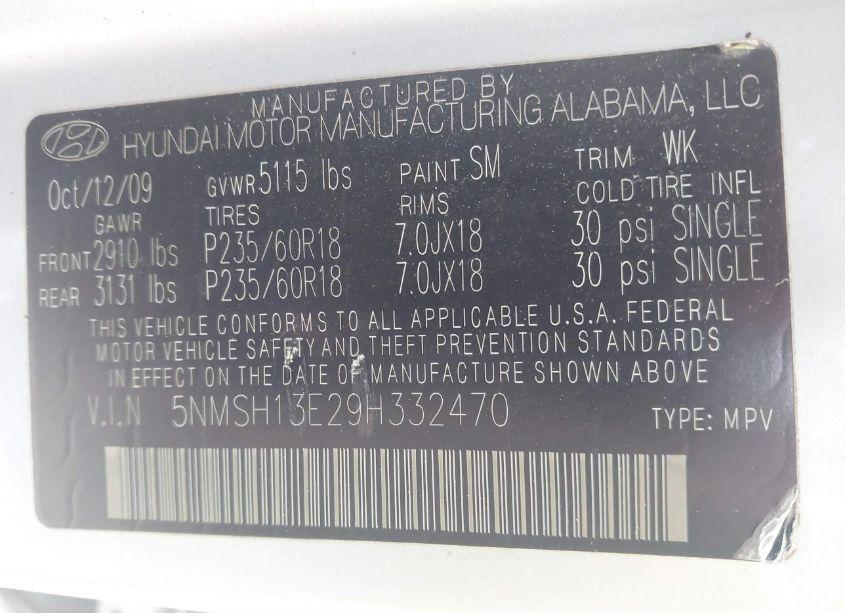 Photo 9 of 2009 Hyundai Santa FE LIMITED (VIN 5NMSH13E29H332470)