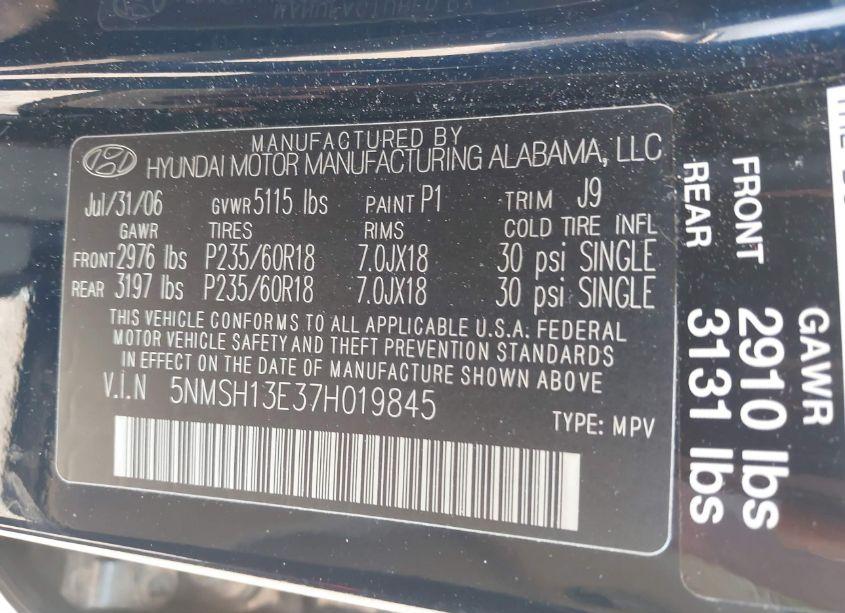 Photo 9 of 2007 Hyundai Santa FE LIMITED/SE (VIN 5NMSH13E37H019845)