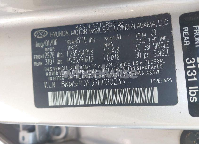 Photo 9 of 2007 Hyundai Santa FE LIMITED/SE (VIN 5NMSH13E37H020235)