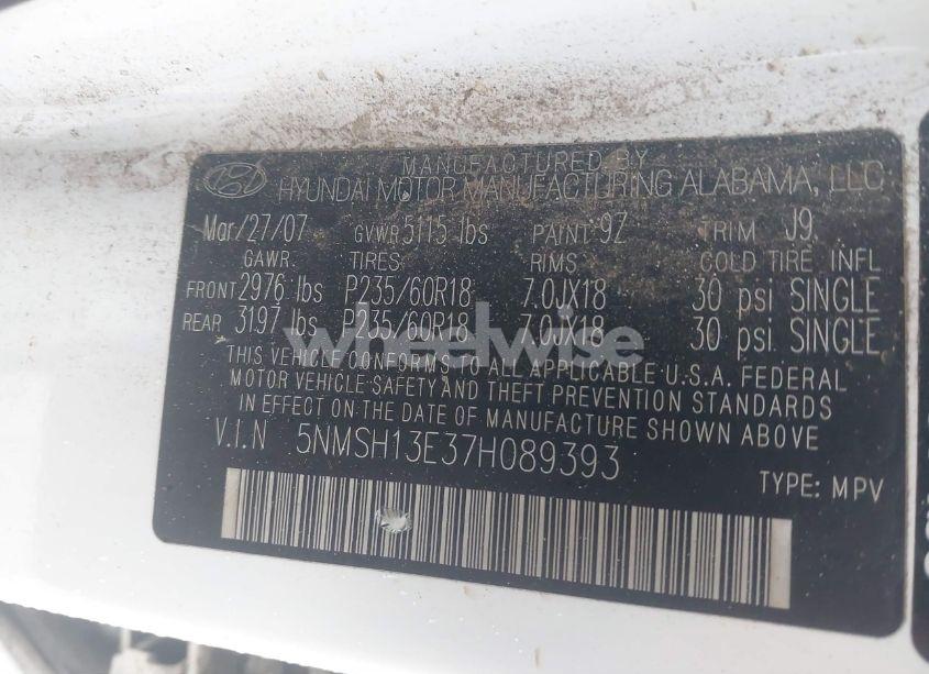 Photo 9 of 2007 Hyundai Santa FE LIMITED/SE (VIN 5NMSH13E37H089393)
