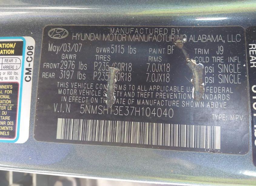 Photo 9 of 2007 Hyundai Santa FE LIMITED/SE (VIN 5NMSH13E37H104040)