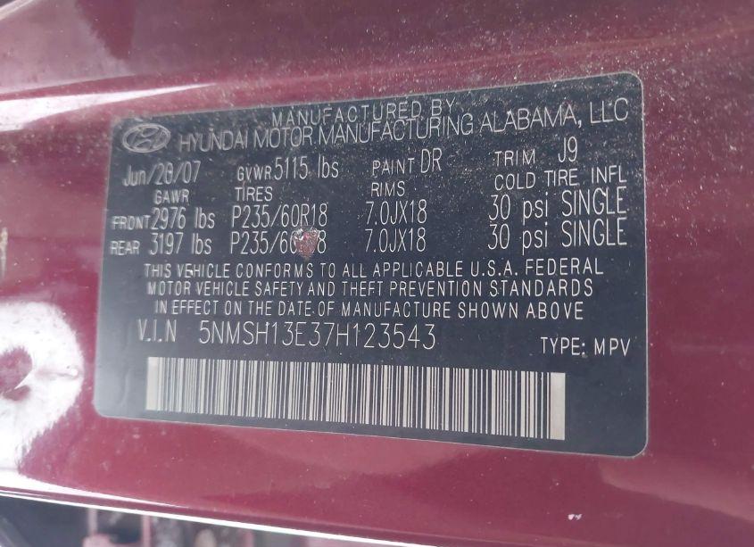 Photo 9 of 2007 Hyundai Santa FE LIMITED/SE (VIN 5NMSH13E37H123543)