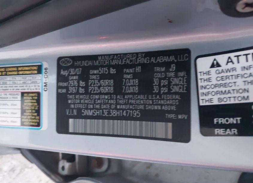 Photo 9 of 2008 Hyundai Santa FE LIMITED/SE (VIN 5NMSH13E38H147195)