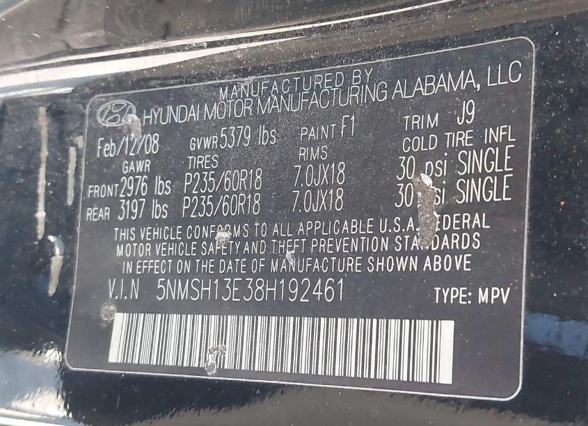 Photo 9 of 2008 Hyundai Santa FE LIMITED/SE (VIN 5NMSH13E38H192461)