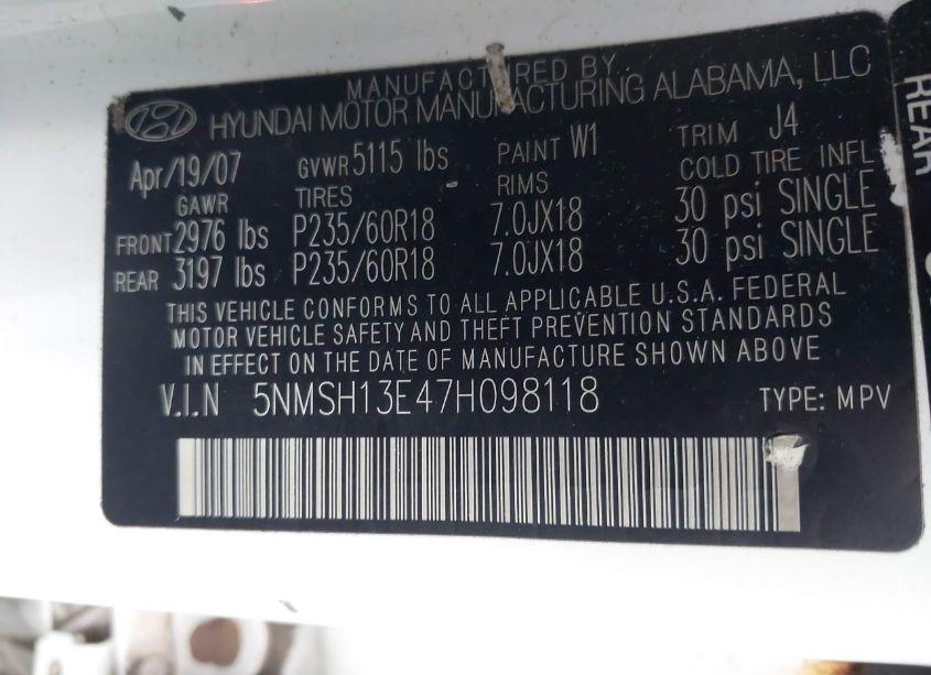 Photo 9 of 2007 Hyundai Santa FE LIMITED/SE (VIN 5NMSH13E47H098118)