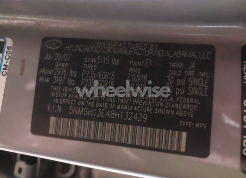 Photo 9 of 2008 Hyundai Santa FE LIMITED/SE (VIN 5NMSH13E48H132429)