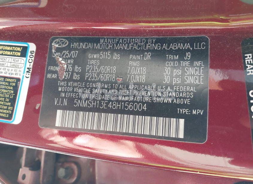 Photo 9 of 2008 Hyundai Santa FE LIMITED/SE (VIN 5NMSH13E48H156004)