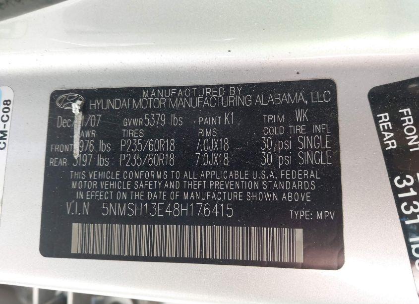 Photo 9 of 2008 Hyundai Santa FE LIMITED/SE (VIN 5NMSH13E48H176415)