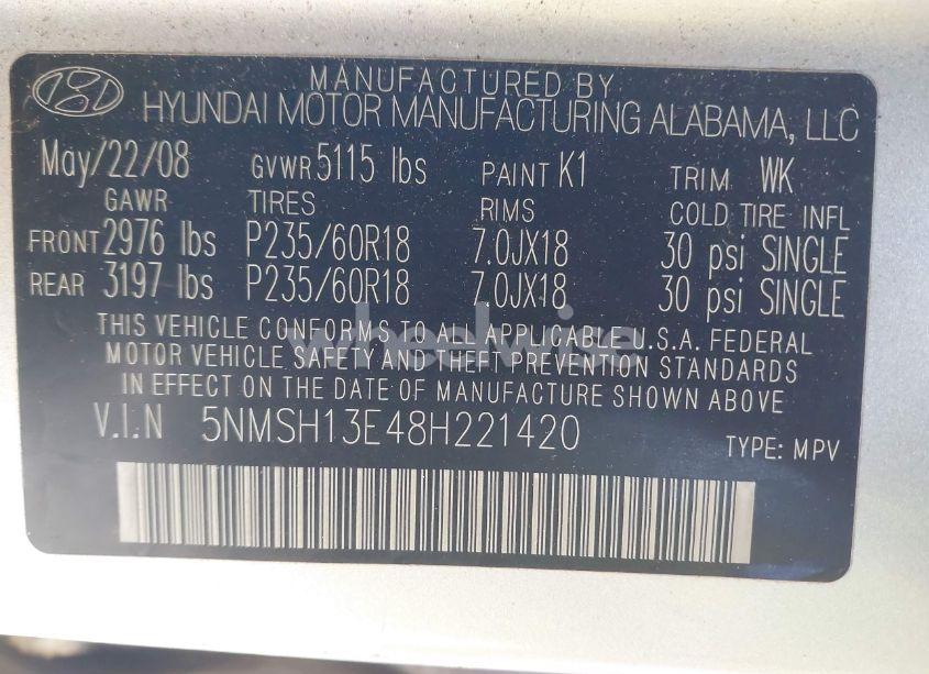 Photo 9 of 2008 Hyundai Santa FE LIMITED/SE (VIN 5NMSH13E48H221420)