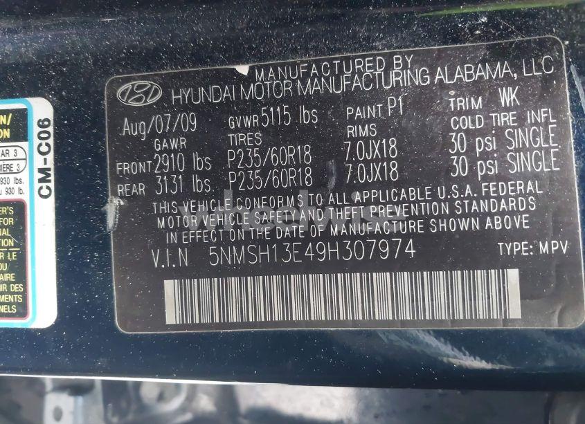 Photo 9 of 2009 Hyundai Santa FE LIMITED (VIN 5NMSH13E49H307974)