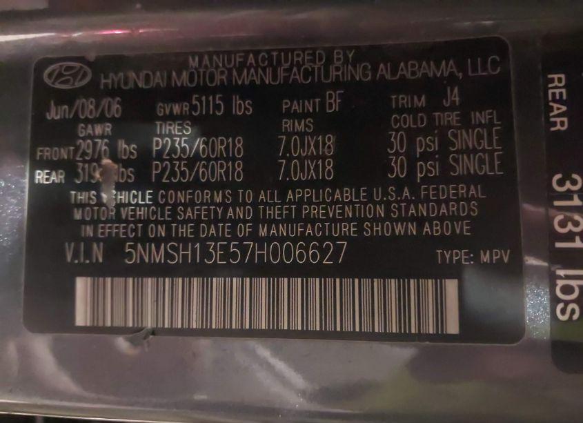 Photo 9 of 2007 Hyundai Santa FE LIMITED/SE (VIN 5NMSH13E57H006627)