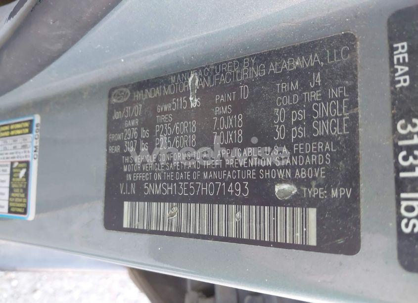 Photo 9 of 2007 Hyundai Santa FE LIMITED/SE (VIN 5NMSH13E57H071493)