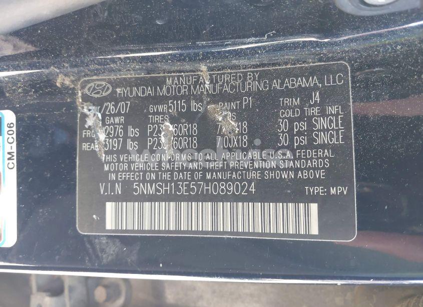 Photo 9 of 2007 Hyundai Santa FE LIMITED/SE (VIN 5NMSH13E57H089024)