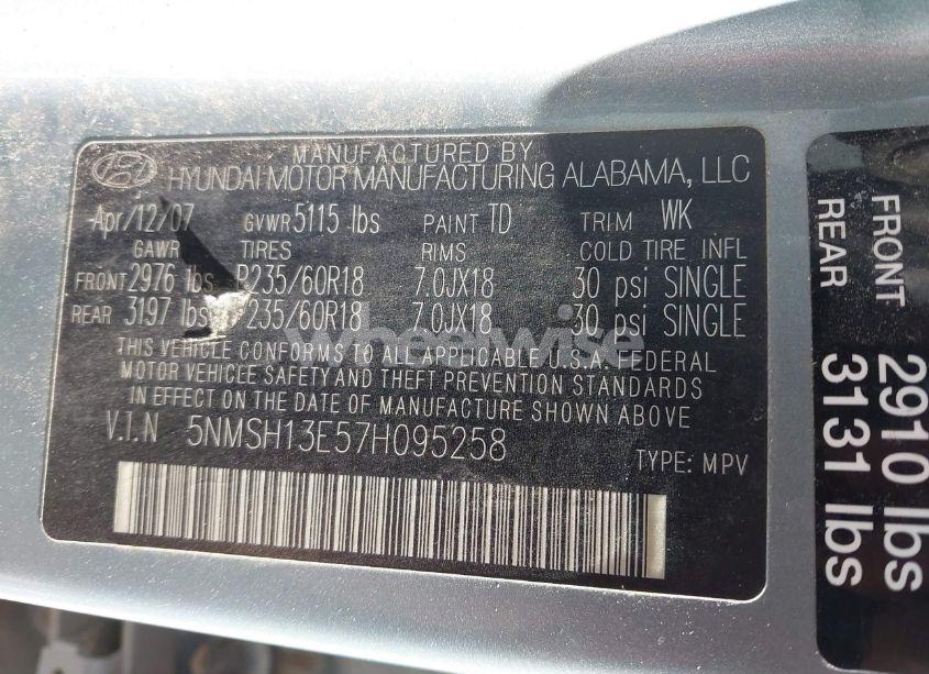 Photo 9 of 2007 Hyundai Santa FE LIMITED/SE (VIN 5NMSH13E57H095258)