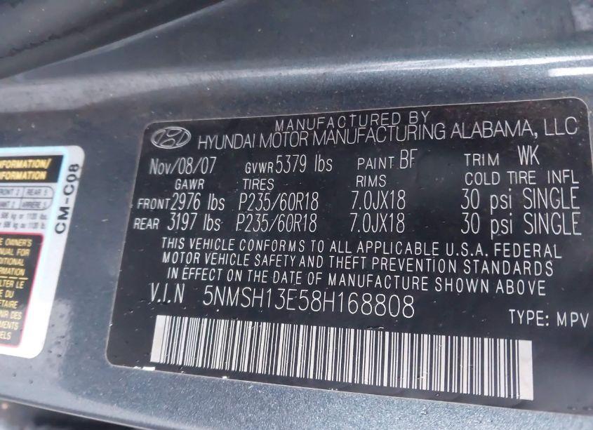 Photo 9 of 2008 Hyundai Santa FE SE/LIMITED (VIN 5NMSH13E58H168808)