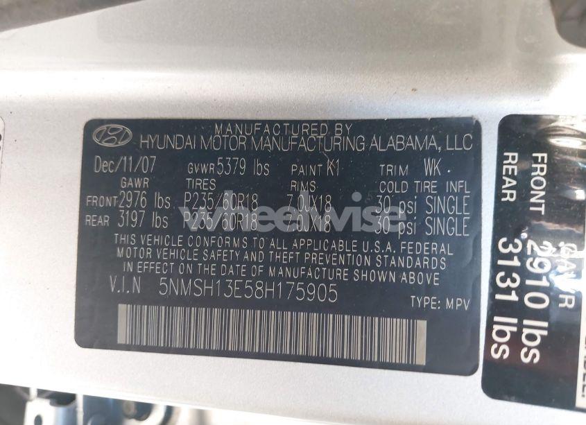 Photo 9 of 2008 Hyundai Santa FE LIMITED/SE (VIN 5NMSH13E58H175905)