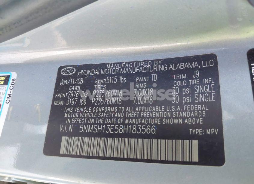 Photo 9 of 2008 Hyundai Santa FE LIMITED/SE (VIN 5NMSH13E58H183566)