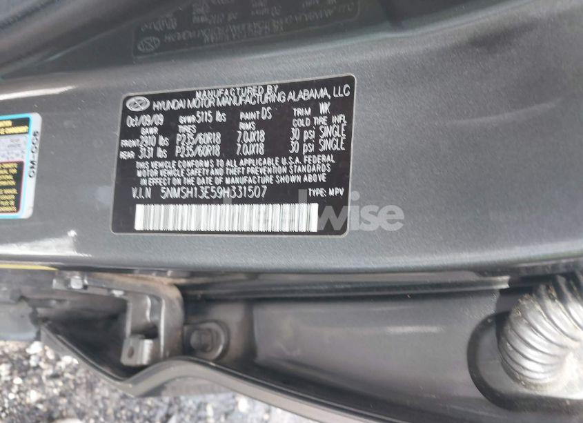 Photo 9 of 2009 Hyundai Santa FE LIMITED (VIN 5NMSH13E59H331507)