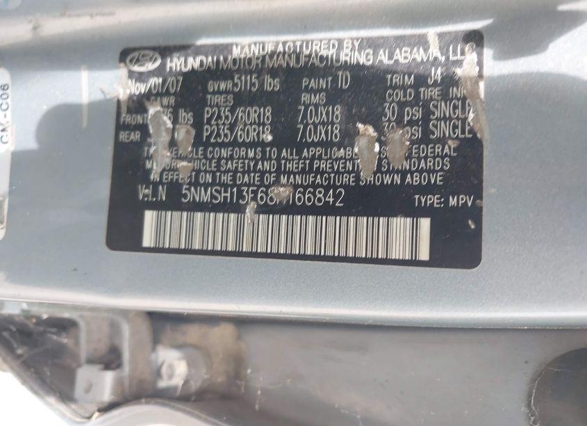 Photo 9 of 2008 Hyundai Santa FE LIMITED/SE (VIN 5NMSH13E68H166842)