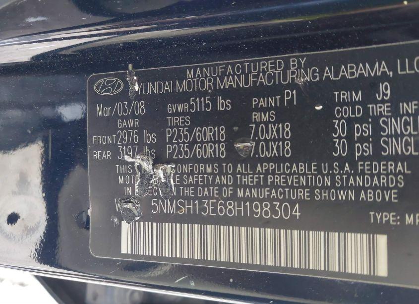 Photo 9 of 2008 Hyundai Santa FE LIMITED/SE (VIN 5NMSH13E68H198304)