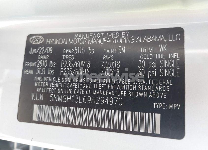 Photo 9 of 2009 Hyundai Santa FE LIMITED (VIN 5NMSH13E69H294970)