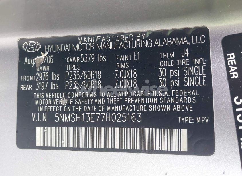 Photo 9 of 2007 Hyundai Santa FE LIMITED/SE (VIN 5NMSH13E77H025163)