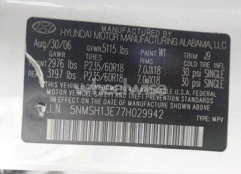 Photo 9 of 2007 Hyundai Santa FE LIMITED/SE (VIN 5NMSH13E77H029942)
