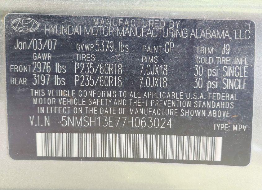 Photo 9 of 2007 Hyundai Santa FE LIMITED/SE (VIN 5NMSH13E77H063024)