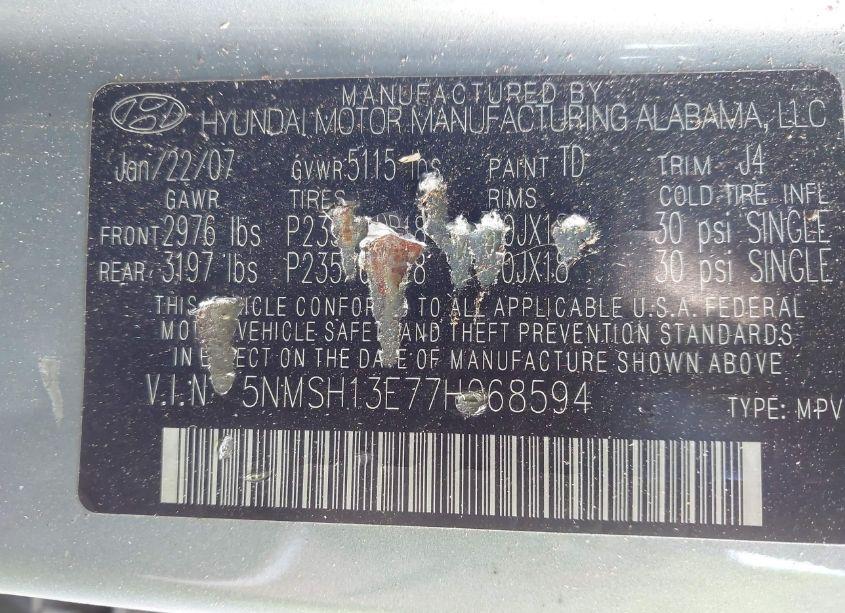 Photo 9 of 2007 Hyundai Santa FE LIMITED/SE (VIN 5NMSH13E77H068594)