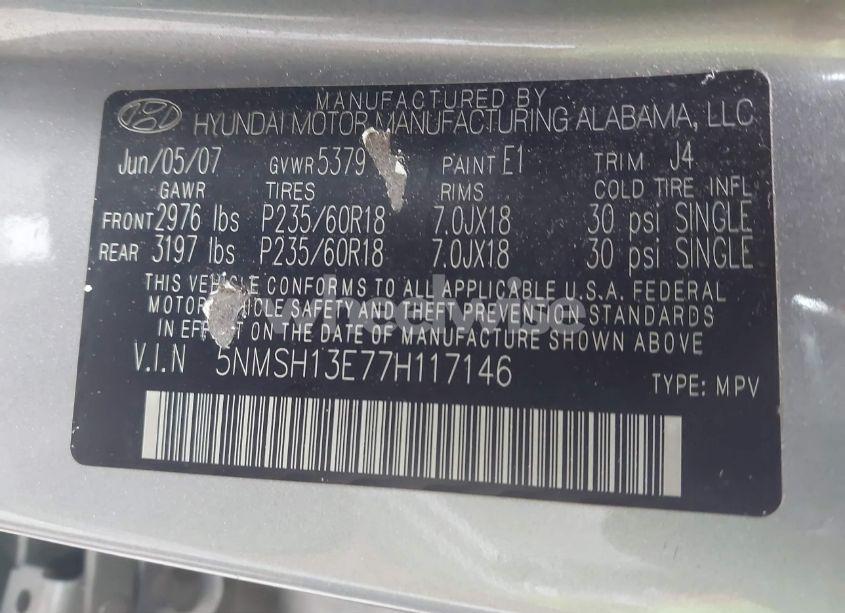 Photo 9 of 2007 Hyundai Santa FE LIMITED/SE (VIN 5NMSH13E77H117146)