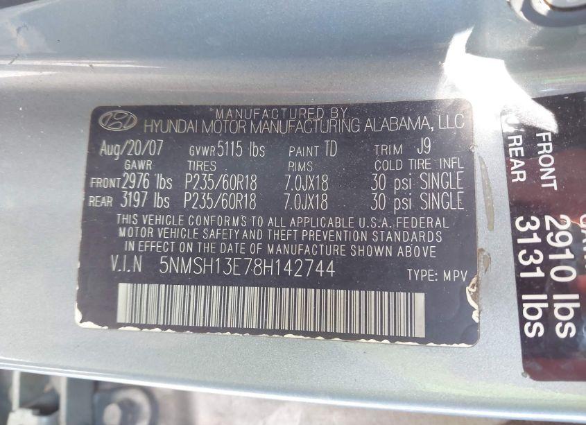 Photo 9 of 2008 Hyundai Santa FE LIMITED/SE (VIN 5NMSH13E78H142744)