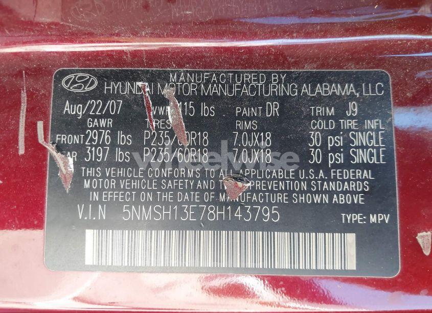 Photo 9 of 2008 Hyundai Santa FE LIMITED/SE (VIN 5NMSH13E78H143795)