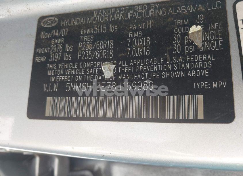 Photo 9 of 2008 Hyundai Santa FE LIMITED/SE (VIN 5NMSH13E78H169989)