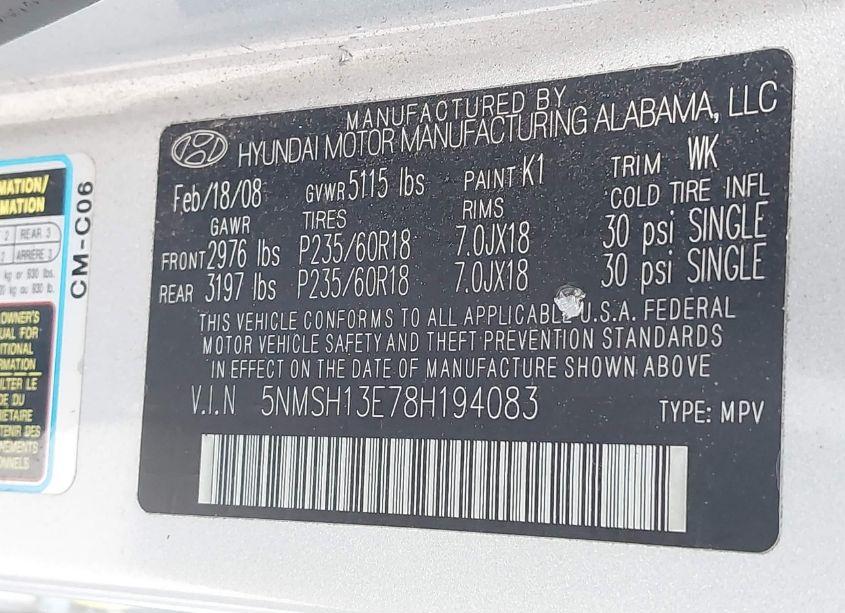 Photo 9 of 2008 Hyundai Santa FE LIMITED/SE (VIN 5NMSH13E78H194083)