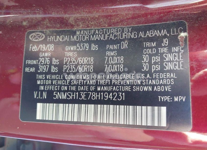 Photo 9 of 2008 Hyundai Santa FE LIMITED/SE (VIN 5NMSH13E78H194231)