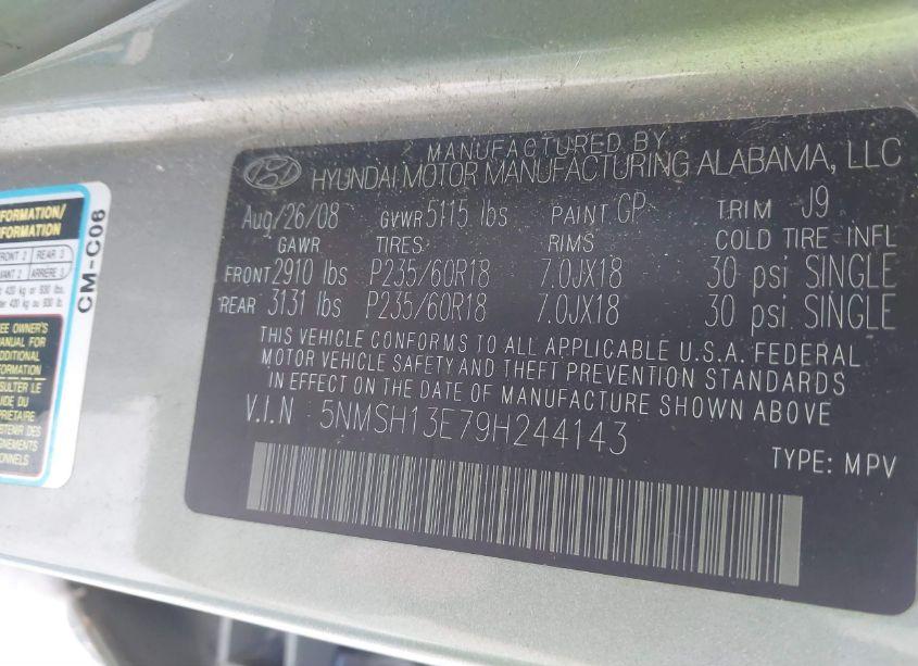 Photo 9 of 2009 Hyundai Santa FE SE (VIN 5NMSH13E79H244143)