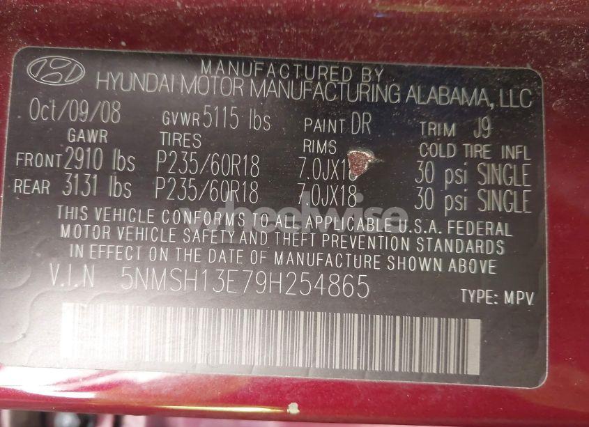 Photo 9 of 2009 Hyundai Santa FE LIMITED (VIN 5NMSH13E79H254865)