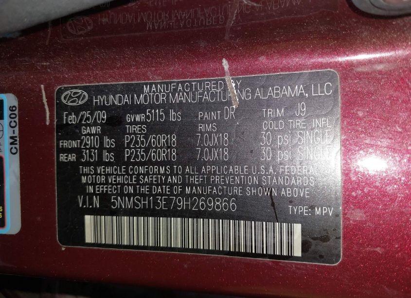Photo 9 of 2009 Hyundai Santa FE LIMITED (VIN 5NMSH13E79H269866)