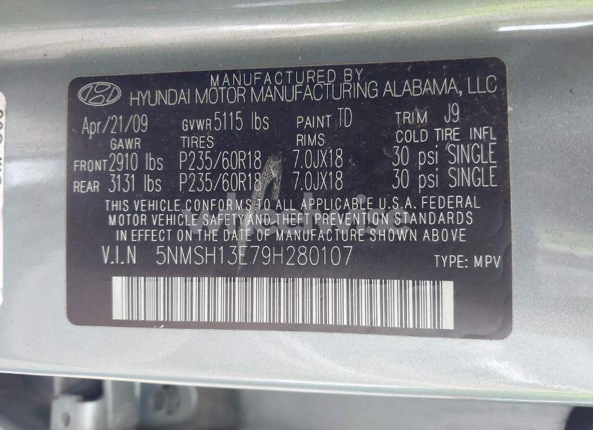 Photo 9 of 2009 Hyundai Santa FE LIMITED (VIN 5NMSH13E79H280107)