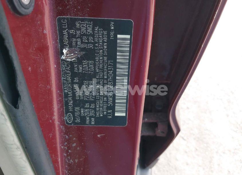 Photo 9 of 2007 Hyundai Santa FE LIMITED/SE (VIN 5NMSH13E87H043171)